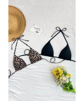Kadın Leopar Desenli Ve Siyah Minimal Kesim Üçgen Bikini Üstü