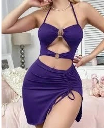 Kadın Mor Fantezi Elbise Önden Büzgü Dekolteli 5083