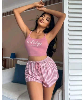 Kadın Pembe Çizgili Desen Askılı Şortlu Pijama Takım 9002