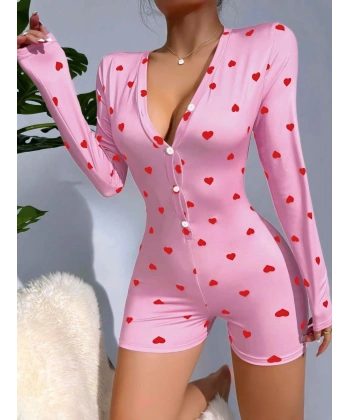 Kadın Pembe Kalp Desenli Pijama Tulumu 5121