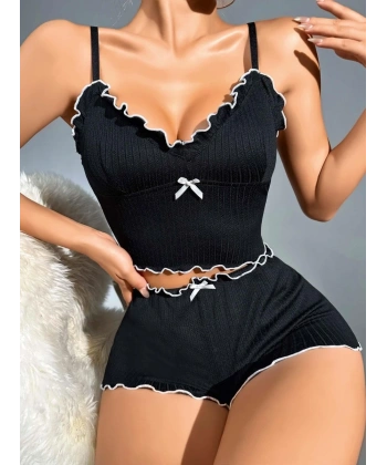 Kadın Siyah Fitilli Askılı Şortlu Pijama Takım 6659