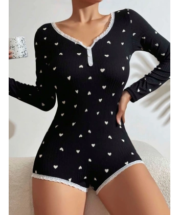 Kadın Siyah Kalp Desenli Pijama Tulumu 5122