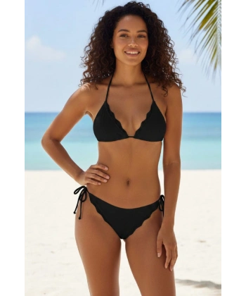Kadın Siyah Pedli Bel Ve Boyundan Bağlamalı Dantelli Şık Bikini Takımı