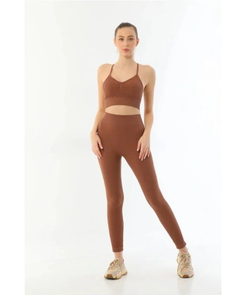 Kahve  3921 Soft Seamless Ripli Tayt Yoga Takımı