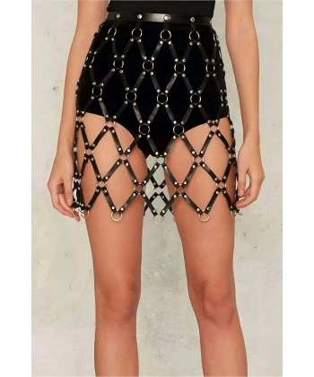 Kare Detaylı Şık Deri Harness Etek - Brf694_kopya(1)