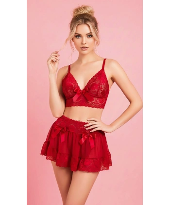 Kırmızı Dantel İşlemeli Kurdelalı Büstiyer Etek Takımı