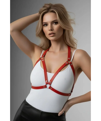 Kırmızı Göğüs Harness Suni Deri Zımba Detaylı - Brf25
