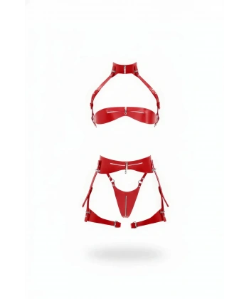 Kırmızı Jartiyer Harness Parlak Deri Fermuarlı Takım - Brf1373