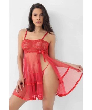 Kırmızı Şifon Pileli Gecelik-835