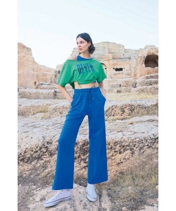 Kısa Kollu never Give Up 3lü Crop Eşofman Takımı