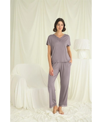Kısa Kollu V Yakalı Dantelli Pijama Takımı