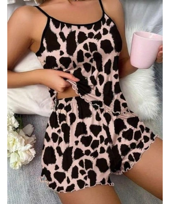 Leopar Desenli Askılı Şortlu Pijama Takımı