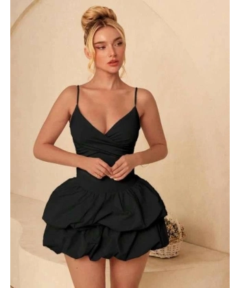 Özel Şık Tasarım Fırfır Detay İnce Askılı Siyah Mini Club Elbisesi