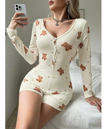 Pamuklu Ekru Ayıcık Desenli Düğmeli Tulum Pijama