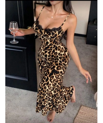 Pamuklu Leopar Desenli İnce Askılı Uzun Elbise