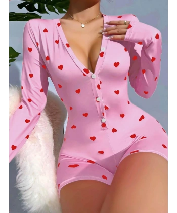 Pamuklu Pembe Kalp Desenli Düğmeli Tulum Pijama