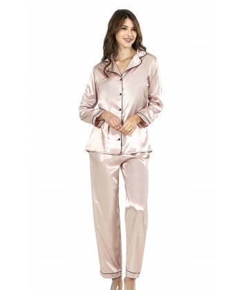Pudra İkili Saten Gecelik Pijama Takımı 7647