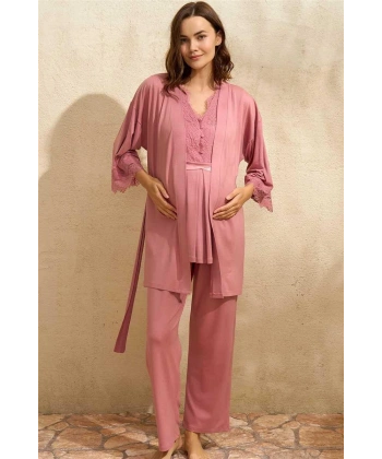 Sıfır Kol V Yaka Kadın Viskon Düz Yazlık Uzun Dantel Detaylı Hamile Pijama Takımı Sabahlık