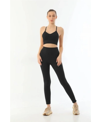 Siyah  3921 Soft Seamless Ripli Tayt Yoga Takımı