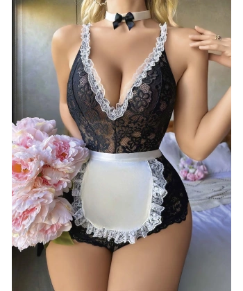 Siyah Dantel İşlemeli Kurdelalı Fransız Hizmetçi Kostümü