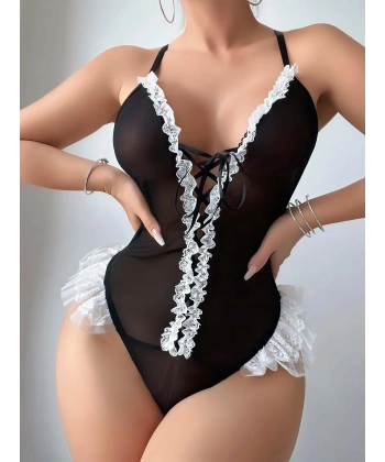 Siyah Dantel İşlemeli Sırt Dekolteli Fantezi Body