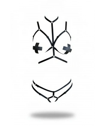 Siyah Harness Takım Yüksek Boyunlu Vücut Sarmalayan - Brf144