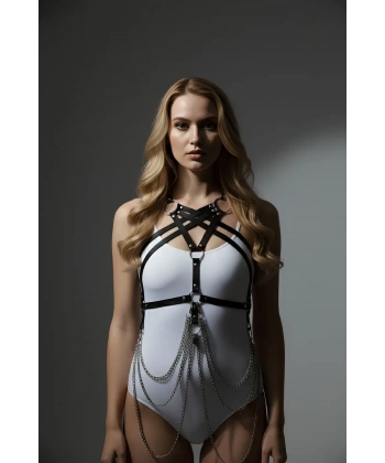 Siyah Kadın Kemer Deri Çapraz Göğüs Detaylı - Brf11