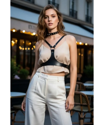 Siyah Kadın Kemer Deri Göğüs Üstü Vücut Aksesuarı - Brf1299