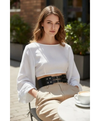 Siyah Kadın Kemer Kalın Çift Tokalı Bel Aksesuarı - Brf1203