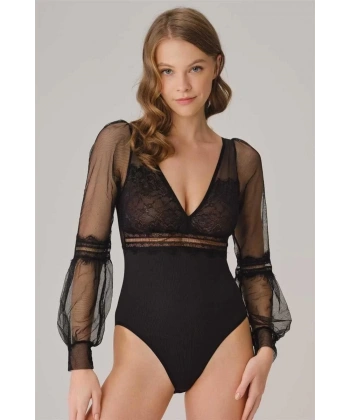 Tüllü Dantelli Uzun Kol Badi