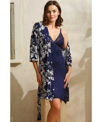 Viskon Çiçek Baskılı Sabahlık Ve Dantelli Kısa Gecelik Takım