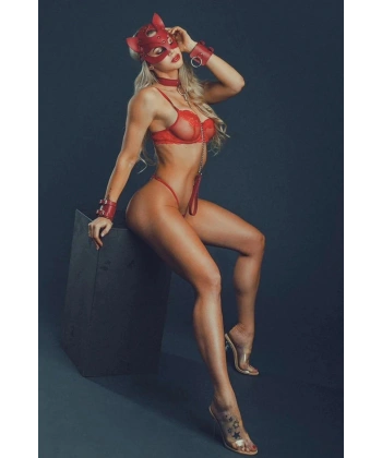 Kırmızı Maske, Tasma Ve Bileklik 3 Lü Harness Deri Sexi Takım Şık 800765