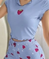 Çilek Desenli Mavi Seksi Pijama Takım