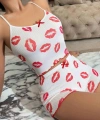 Kadın Beyaz Dudak Desenli Seksi Gecelik Takım 6642