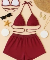 Kadın Bordo Şortlu Belden Ve Boyundan Bağlamalı Bikini Takımı