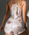Kadın Ekru Gül Desenli Askılı Dantel Üst Pijama Takımı 2222