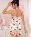 Kadın Ekru Kiraz Desenli Saten Şort Pijama Takımı 2226