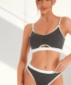 Kadın Gri Antrasit Kaşkorse Ve Beyaz Lastikli Cut-out Tanga Külotlu Takım