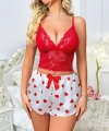 Kadın Kırmızı Kalp Desenli Şort Askılı Dantel Üst Pijama Takımı 2218