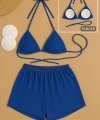 Kadın Mavi Şortlu Belden Ve Boyundan Bağlamalı Bikini Takımı