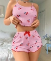 Kadın Pembe Kiraz Desenli Askılı Şortlu Pijama Takım 6656