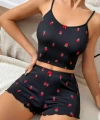 Kadın Siyah Çilek Desenli Seksi Gecelik Takım 6644
