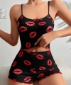 Kadın Siyah Dudak Desenli Şortlu Pijama Takımı 5057