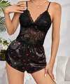 Kadın Siyah Kırmızı Kalp Desenli Saten Şort Pijama Takımı 2232