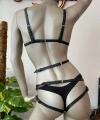 Kalp Detaylı Siyah Deri Jartiyer Harness Sütyen Takım