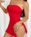 Kırmızı Metalli Straplez Mini Elbise