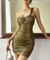 Özel Tasarım Göğüs Dekolteli Tek Omuz Parlak Işıltılı Gold Fantezi Mini Club Elbisesi