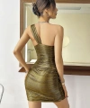 Özel Tasarım Göğüs Dekolteli Tek Omuz Parlak Işıltılı Gold Fantezi Mini Club Elbisesi