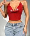 Parlak Kırmızı Crop & Bluz Kolsuz Kayık Yaka Zırh Büstiyer