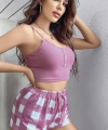 Pembe Kareli Desenli Askılı Şortlu Pijama Takım
